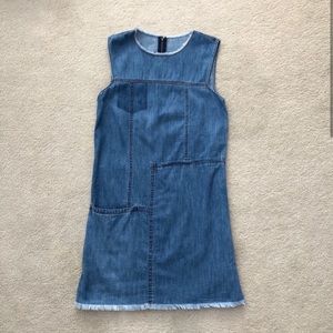 Denim Patchwork Shift Dress With Frayed Hem